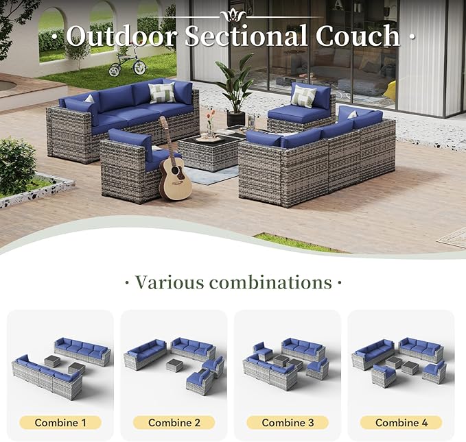 Aoxun 10 Piece Patio Furniture Set Wicker Rattan Patio Conversation Set Outdoor Sectional Sofa Set with Coffee Table and Thickened Cushions, Gray/Blue (Waterproof Cover Included)
