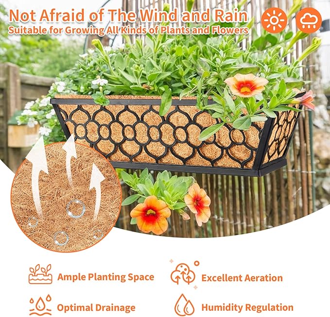 Riare 4 Pack 16 Inch Window Boxes Planters with Coco Liner, Metal Deck Railing Planter Boxes, Balcony Planters Railing Hanging, Horse Trough Window Flower Planter Boxes for Outdoor Porch Fence Patio