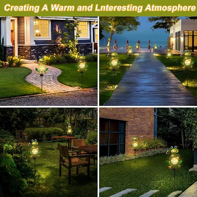 Frog Solar Garden Light - Metal Stake Light with Crackle Glass Waterproof Globe, Solar Power LED for Garden, Lawn, Patio, Pathway Decor