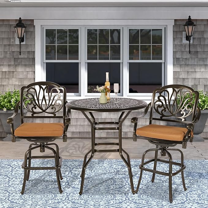 VIVIJASON 3-Piece Patio Swivel Bar Stools Set, All Weather Cast Aluminum Outdoor Bar Height Bistro Set with 2 Cushioned Bar Chairs & 35.4" High Bar Table w/Umbrella Hole for Backyard, Lawn, Garden