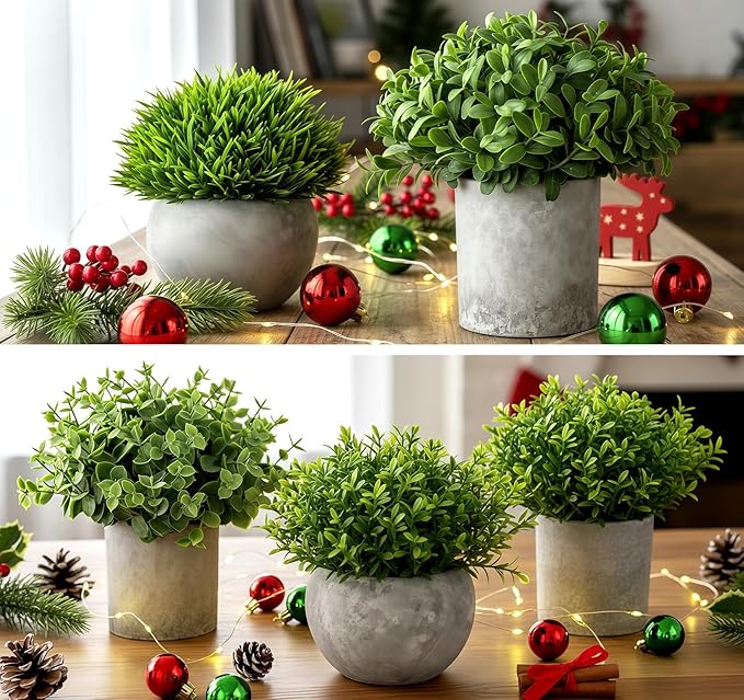 Fake Plants,5 Pack Small Fake Plants Mini Potted Artificial Eucalyptus Greenery Plastic Green Grass Plants for Indoor Outdoor,Mini Faux Plant for Shelve Desk Table Farmhouse Bathroom Shelf Decor