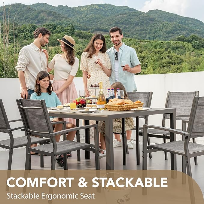 Devoko Patio Dining Set 7 Piece Outdoor Furniture with Rectangular Table and 6 Stackable Chairs Family Conversation Set for Garden Backyard Deck (Grey)