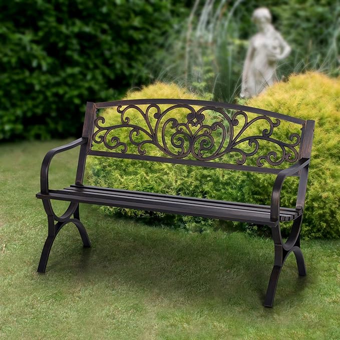 Sophia & William Metal Outdoor Bench, 50" Outdoor Garden Bench Patio Park Bench, Cast Iron Park Benches for Outside with Floral Design Backrest, Bronze
