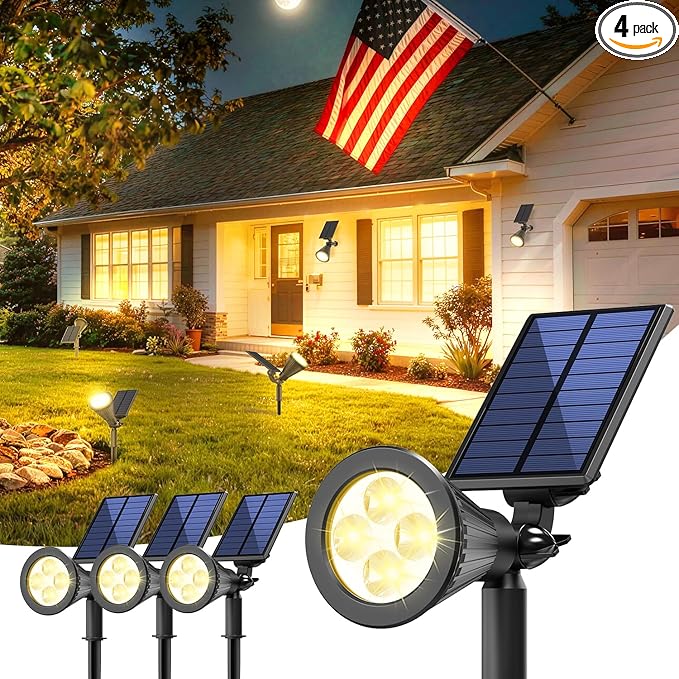 Solar Lights Outdoor Waterproof IP65,3000K Super Bright LED,2 Lighting Modes, Solar Powered Yard Garden Solar Spot Lights for Flag Landscape Auto On/Off-4 Pack