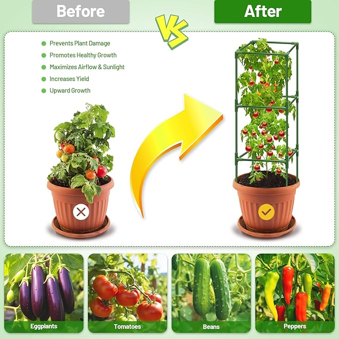 Legigo 6 Pack Square Tomato Cages for Garden- Up to 45 Inch Tomato Trellis Plant Cages Support, Tomato Stakes and Supports Cage for Climbing Vegetables Raised Garden Bed Cucumbers Peppers Flowers