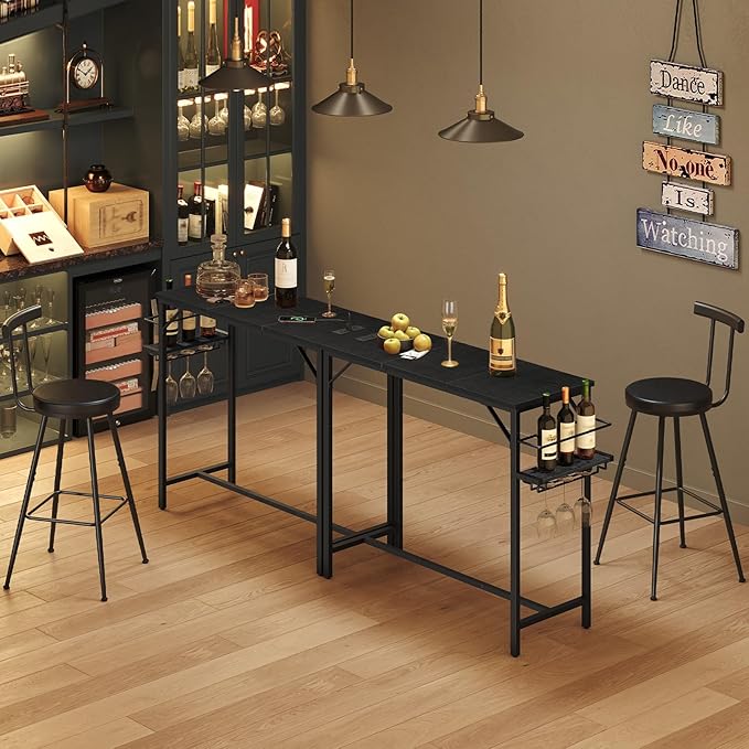 Bar Table, 35.4-Inch Counter Height Pub Table with Charging Station, Rectangular Dining Table with Wine Rack and Glass Holder, High Top Cocktail Tables, for Kitchen, Black（Only Table）