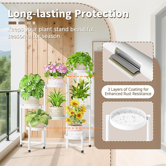 LASZOLA 7 Tiered Folding Tall Plant Stand Indoor for Multiple Large Planter, Heavy Duty Metal Adjustable Flower Rack for Narrow Corner, Sturdy Vertical Spiral Shelving Holder for Modern House, White