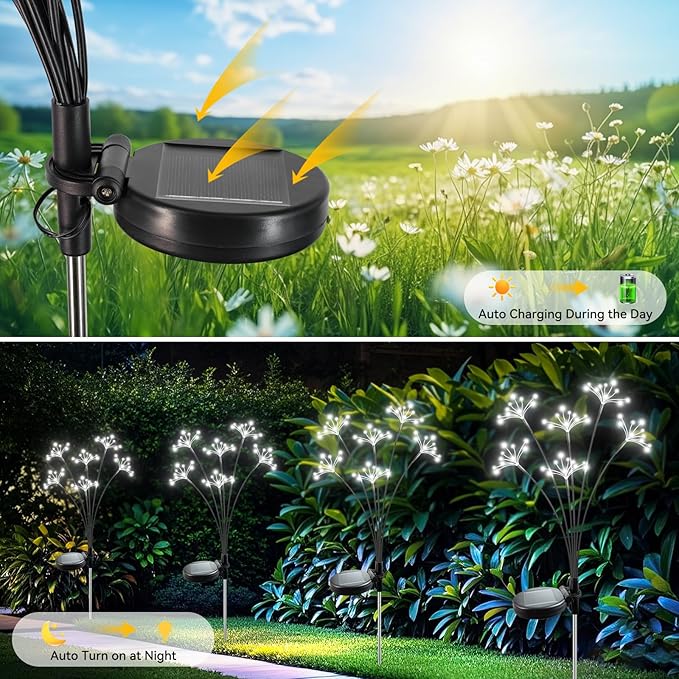 Solar Garden Lights 2 Pack Waterproof Solar Swaying Starburst Light Outdoor Lights for Yard Patio Walkway Pathway Party Wedding Christmas Decoration, White