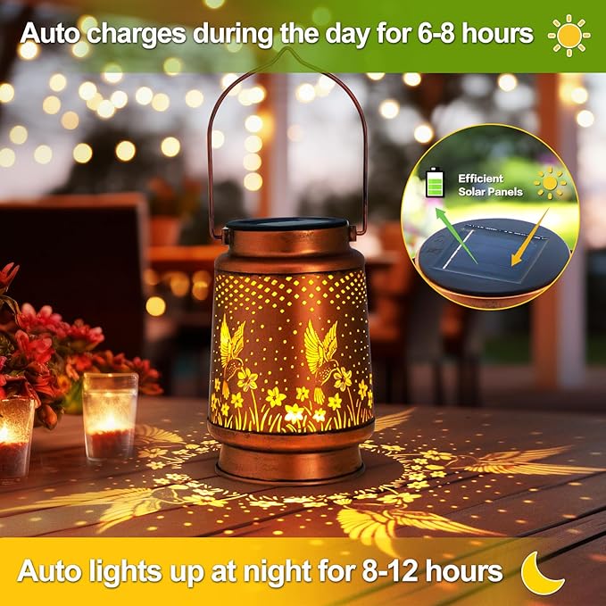 Birthday Gifts for Women, Solar Lanterns Outdoor Waterproof, Hummingbird Garden Decor Metal Hanging Decorative Solar Lights for Patio Yard Lawn Backyard Porch, Gardening Gifts for Women Mom Grandma