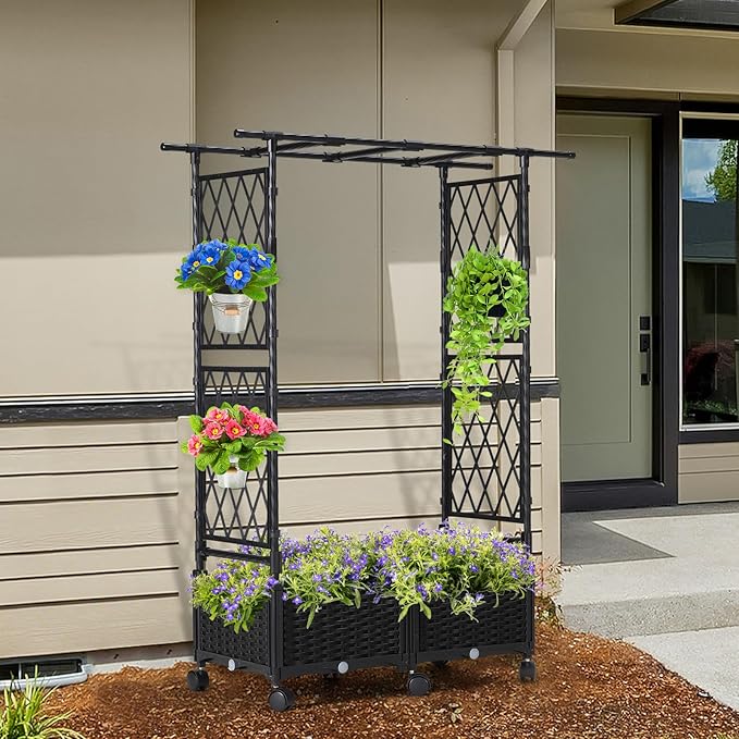 Planter Box with Trellis Outdoor, 53.1in Plastic Raised Garden Bed with Trellis Hanging Roof for Vine Flower, with Lockable Wheels & Drain Plug for Patio Backyard Balcony, Black, 1 Pc