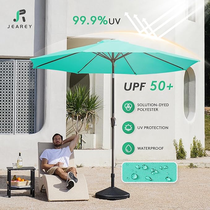 JEAREY 9FT Outdoor Patio Umbrella Market Umbrella with Push Button Tilt and Crank, Outdoor Table Umbrellas 8 Sturdy Ribs UV Protection Waterproof for Garden, Deck, Backyard, Pool (Teal)