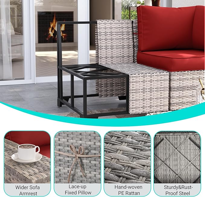 9-Piece Outdoor Patio Furniture Set with 55,000 BTU Fire Pit Table, PE Wicker Rattan Sectional Sofa Patio Conversation Set with Ottomans & Coffee Table, Red