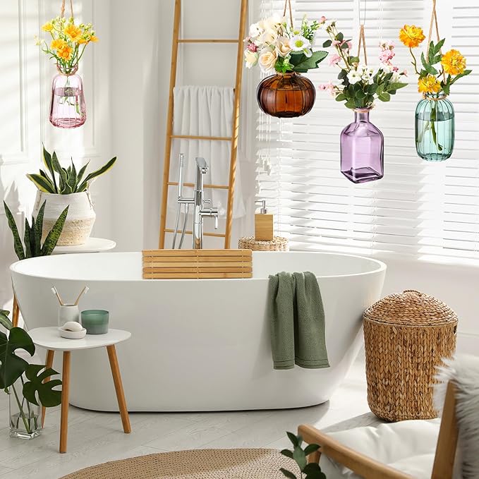 4 Pcs Stained Glass Hanging Vases Hanging Glass Planters Small Plant Terrarium Pot Containers with Rope for Garden Home Indoor Outdoor Decor, 4 Styles (Fashionable)