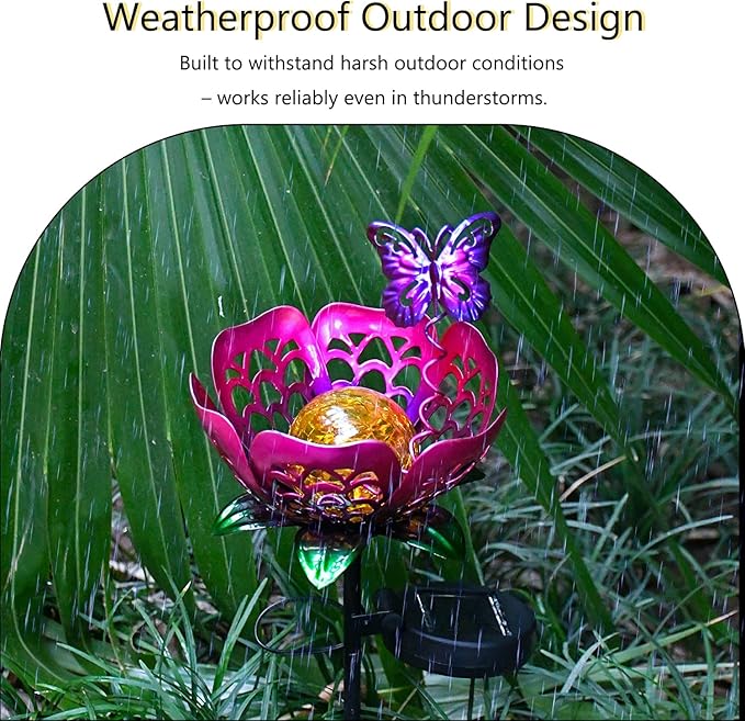 Solar Lights Outdoor Garden Decor,LED Lotus Flower Lamp, Metal Tulip & Butterfly Decoration Solar Lawn Lamp for Courtyard, Garden Gifts for Women (Purple)