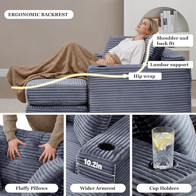 HANXIN 62" Chaise Lounge Chair Indoor, Oversized Corduroy Boneless Convertible Chaise Lounge Couch Sleeper Chair with Ottoman, Deep Seat Reading Chair, No Assembly Required (Grey)
