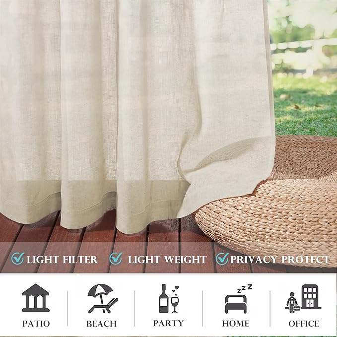 RYB HOME Outdoor Linen Curtains for Porch Waterproof Light & Airy Faux Linen Textured Drape for Balcony Backyard Cabana, 52 Inch Wide by 96 Inch Length, Beige, 2 Pieces