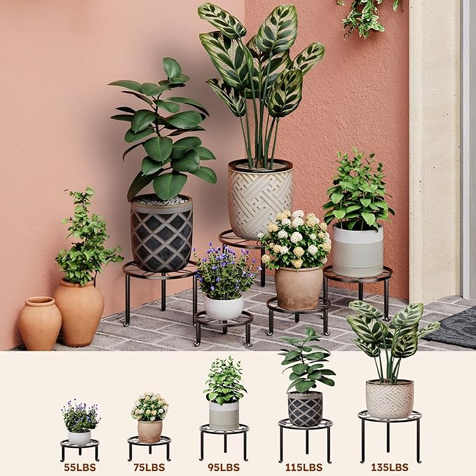 5 Pack Metal Potted Plant Stand Small Short Flower Pot Holder for Multiple Plants Indoor Anti-Rust Plant Pot Rack Shelf Round Plant Holder for Home Garden