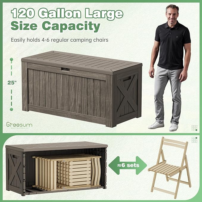 Greesum Outdoor Storage Box 120 Gallon Storage Bin with Lid for Patio Furniture, Garden Tools, Pool Supplies, Lockable, Waterproof and UV Resistant, Coffee