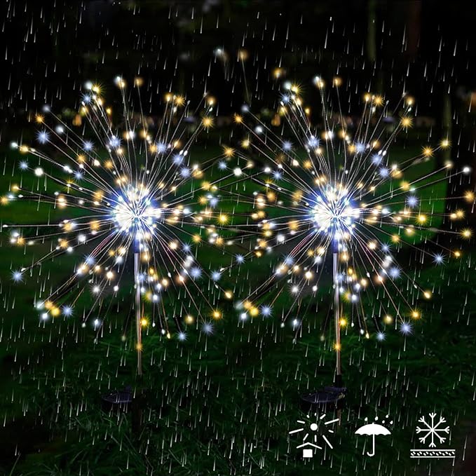 JJGoo Solar Firework Lights, 2 Pack 120 LEDs 2 Lighting Modes Solar Garden Lights Outdoor Waterproof for Yard Patio Walkway Pathway Party Wedding Christmas Decorative - Mixed Color