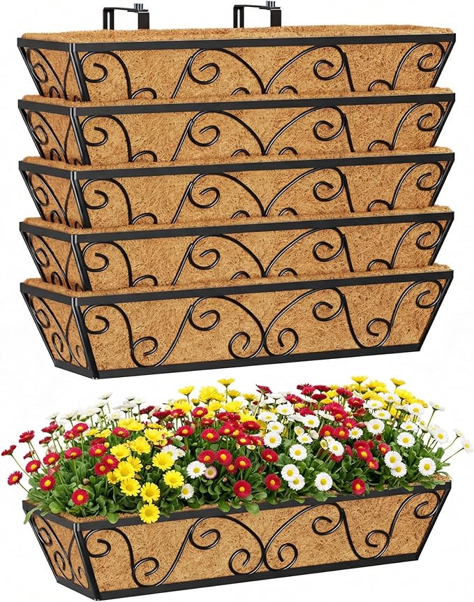 Y&M 24 Inch Window Deck with Coco Liner, Fence Metal Hanging Flower Planter Window Basket Deck Railing Planter Boxes for Outdoor Garden Lawn-Butterfly, 6pcs