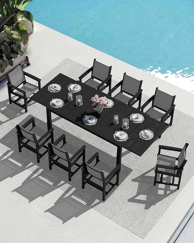 SERWALL 7-Piece Patio Dining Sets, 60" - 83" Expandable Outdoor Dining Table with 6 Breathable Textilene Chairs, All Weather HDPE Patio Furniture Set for Backyard, Garden, Black