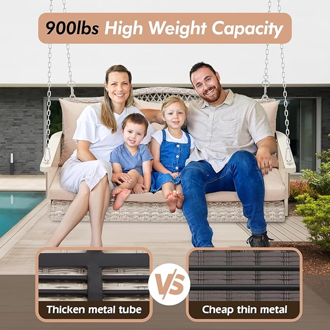 Upgraded Wicker Hanging Porch Swing Heavy Duty 900 LBS 3-Seat Outdoor Patio Swing Chair Bench for Adult w/ 8.9ft Hanging Chains Cushions and Cup Holder