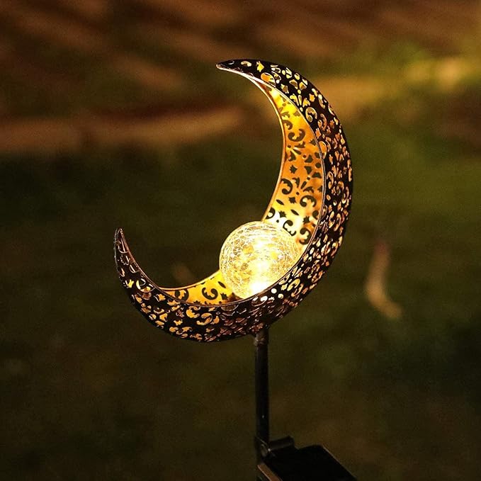Solar Garden Light Outdoor Decorative, Moon Decor Crackle Glass Globe Garden Stake Metal Lights，Waterproof Warm White LED for Pathway, Lawn, Patio, Yard Ornaments for Outside