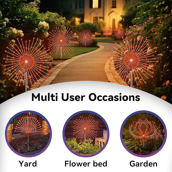 Garden Outdoor Lights, 2 Pack 120 LED Solar Garden Lights Fairy Lights Outdoor Waterproof Decorative Solar Firework Lights for Yard, Patio, Pathway, Flowerbed Party Wedding Decor, Orange