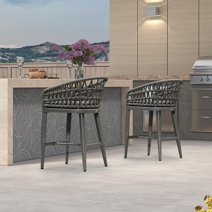 PURPLE LEAF Outdoor Rattan 24" Counter Height Bar Stools Chair Set of 2, Modern Patio Wicker Barstool with Backrest for Indoor and Outdoor, Kitchen Island, Smoke Grey