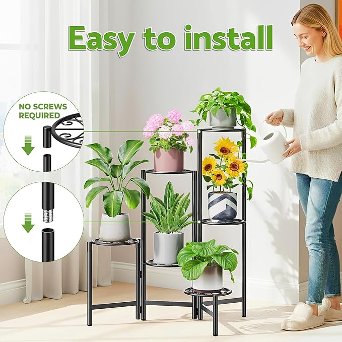 6 Tier Large Plant Stand Indoor with 7.9-Inch Wide Drainage Tray, Tiered Corner Metal Outdoor Flower Display Holder Shelf, Folding Tall Rack for House Patio Porch Balcony Graden - BlackS