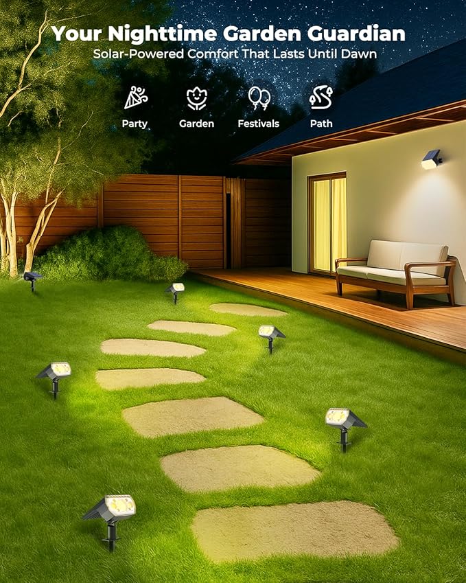 6 Packs Solar Spot Lights Outdoor, 64 LED 3000K Solar Lights Outdoor, IP67 Waterproof, Adjustable Brightness Dusk to Dawn Solar Spotlights for Garden, Yard, Lawn, Walkway, Driveway - Warm White
