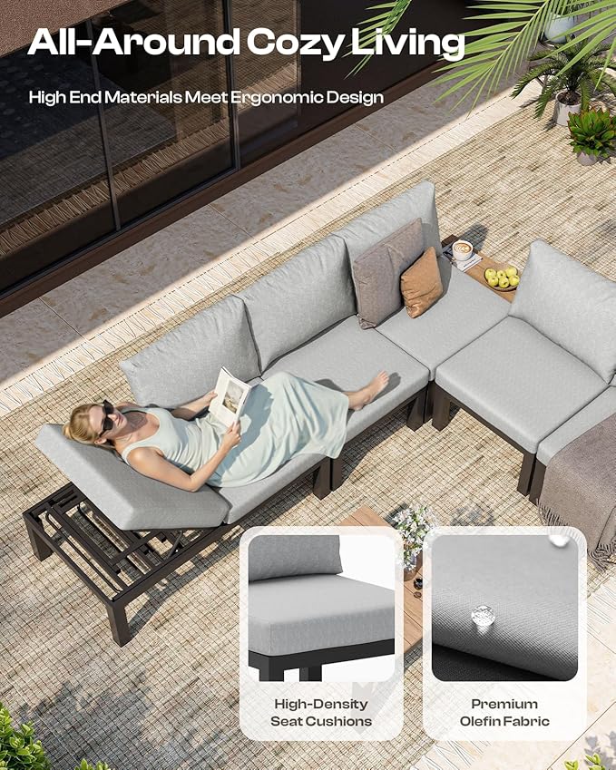 Aluminum Modular Outdoor Patio Furniture Set, 6 Seats Sectional Sofa Set with Adjustable Backrest & Thick Cushions, All-Weather L-Shaped Corner Set with Table for Garden & Yard, Gray