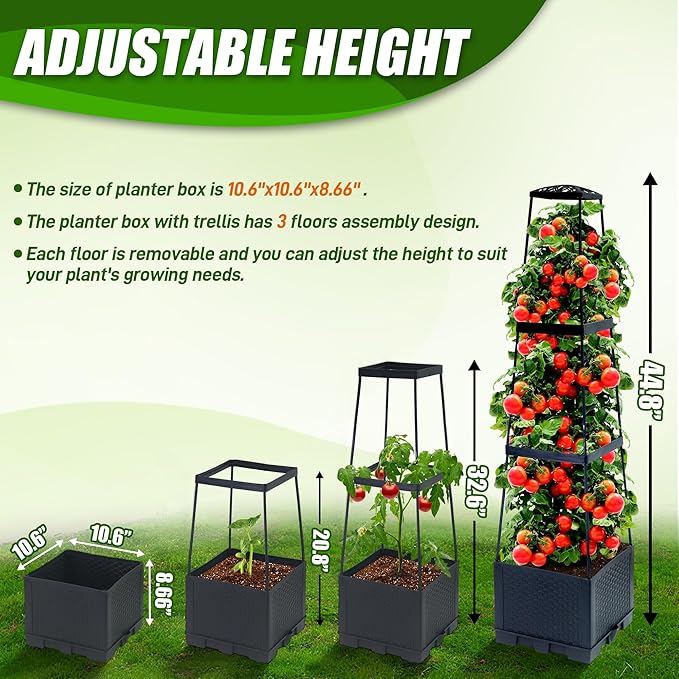 2 Packs Raised Garden Bed Tomato Planter Box with Trellis,44.8" Self-Watering Tomato Cage with Trapezoidal Trellis for Climbing Plants Flowers Vegetables Vine in Patio Garden Indoor Outdoor