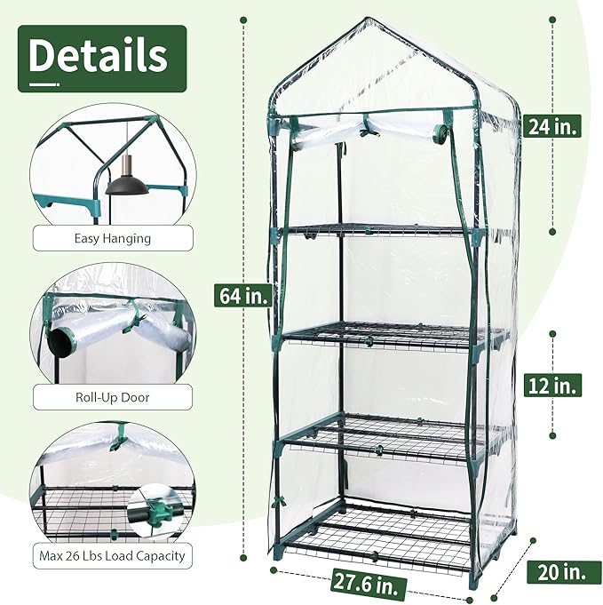 4 Tier Mini Greenhouse for Outdoor Indoor, Waterproof Heavy Duty Small Greenhouses with PVC Cover, Portable Green Houses for Outside Winter Plant Protection, 64'' H x 27'' L x 20'' W