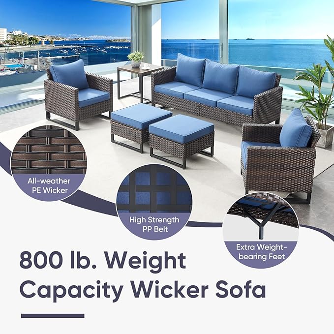 Belord Wicker Patio Furniture 5 Piece Outdoor Sofa Set, Oversize Outdoor Swivel Rocker Chairs with Rattan Ottomans, Conversation Sets Patio Furniture Come with Removable Cushion Blue, Anti-Rust Frame