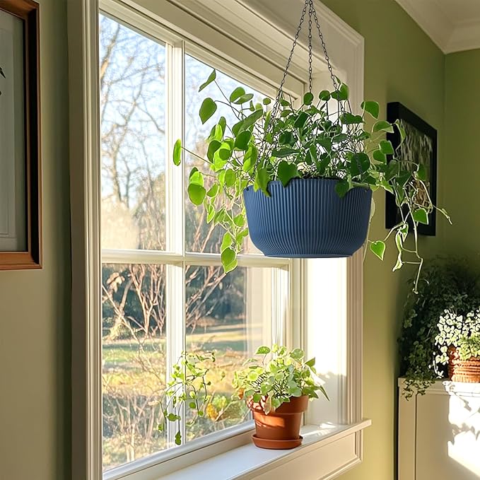T4U 12 Inch Large Hanging Planters for Outdoor Plants, 2 Pack Self Watering Pots Indoor, Hanging Baskets for Plants,Hanging Flower Pot with Drainage Hole and Plant Hanger, Blue