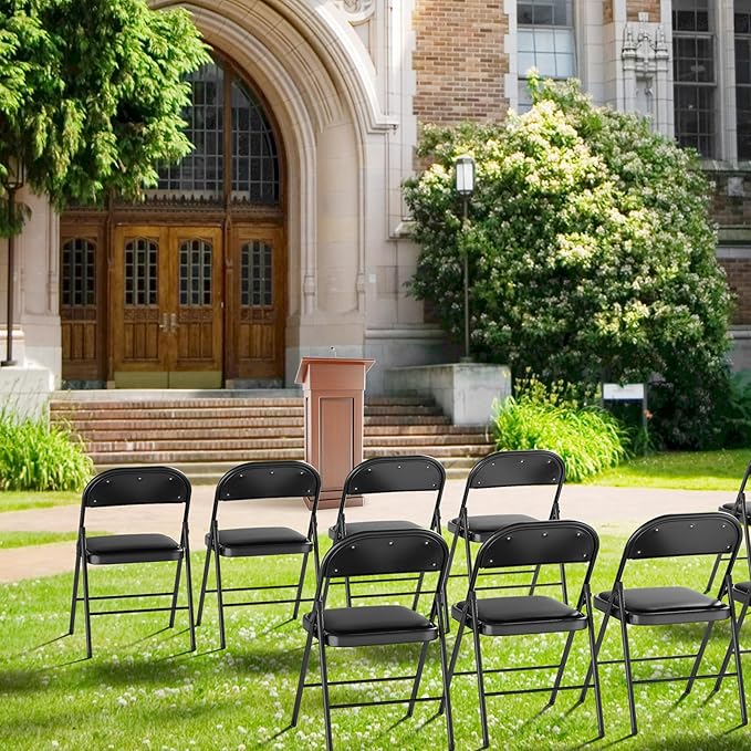 VINGLI 10 Pack Folding Chairs with Padded Seats, Metal Frame with Pu Leather Seat & Back, Capacity 350 lbs, Black