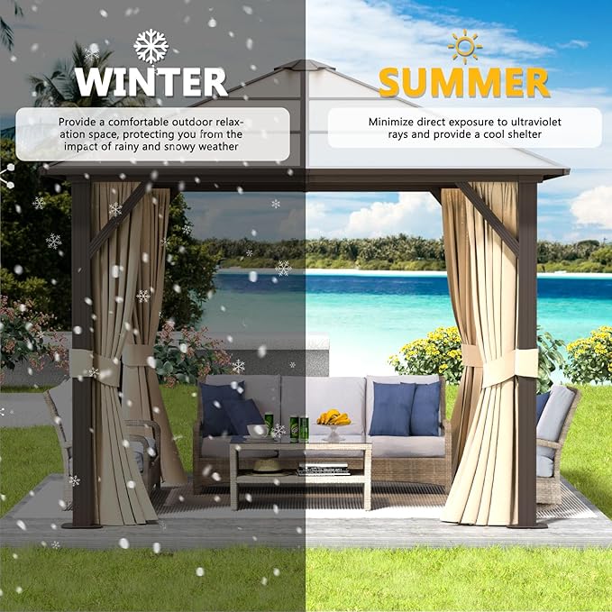 Aoxun 10FT x 10FT Gazebo Single Polycarbonate Top, Outdoor Polycarbonate Frame Permanent Gazebo with Curtains and Netting, for Patios, Parties, Backyards, Gardens and Lawns