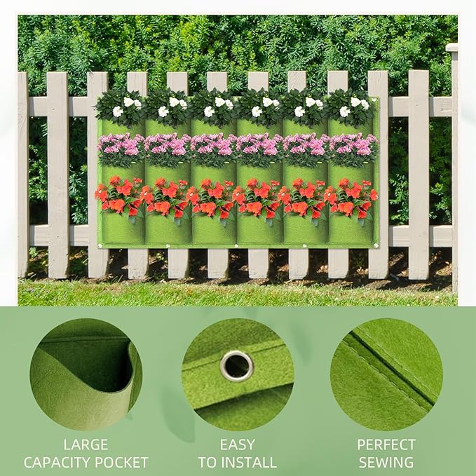 LITLANDSTAR 18 Pockets Hanging Grow Bags, 2 Pack Horizontal Wall Planter Plant Grow Bags Outdoor Indoor Hanging Planter for Balcony/Railing/Fence/Yard/Garden/Home Decoration, Green