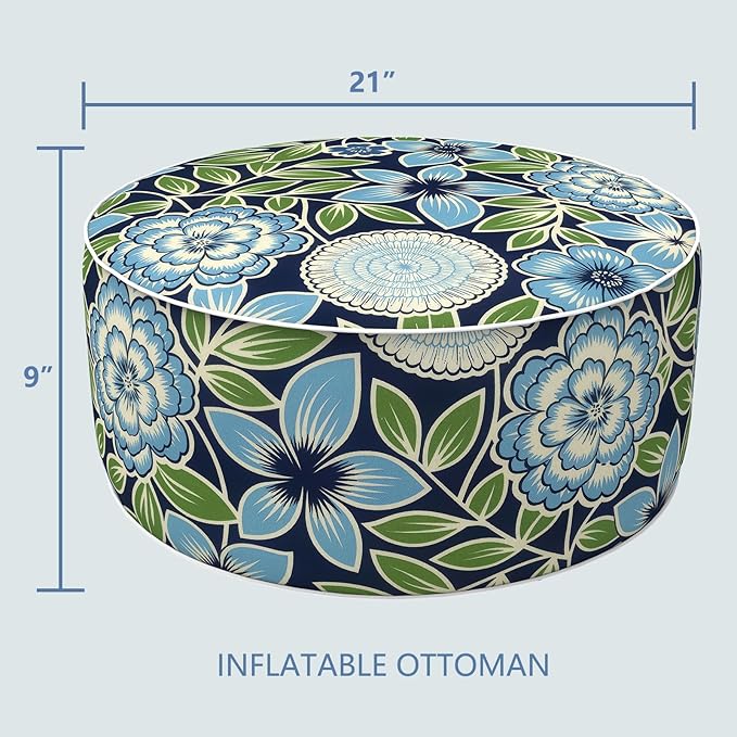LVTXIII Inflatable Stool Ottoman Footrest with Handle, Decorative Fade-Resistant Foot Stool, Indoor or Outdoor Pouf for Home Garden and Camping Use, 21x21x9, Azure Botanical Symphony‌