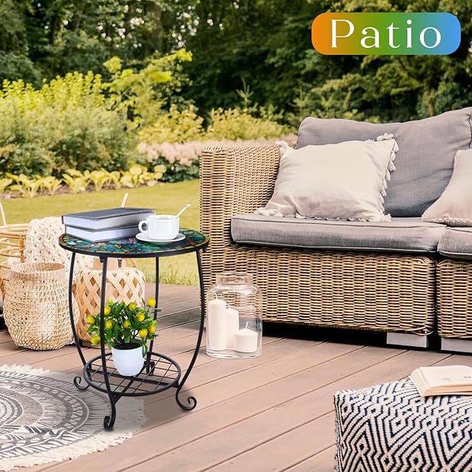 Outdoor Side Table Round Small Mosaic Patio Accent Indoor End Plant Coffee Tea Table for Yard Patio Porch Garden Living Room, Bedroom(Butterfly Style,18 Inch)