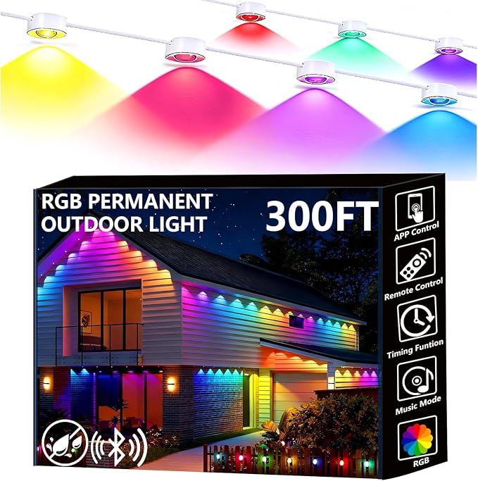 Permanent Outdoor Lights, 300ft Smart Eave Lights with RGB LED Light, IP67 Waterproof, App Control, DIY RGB Light for House Halloween Decorations