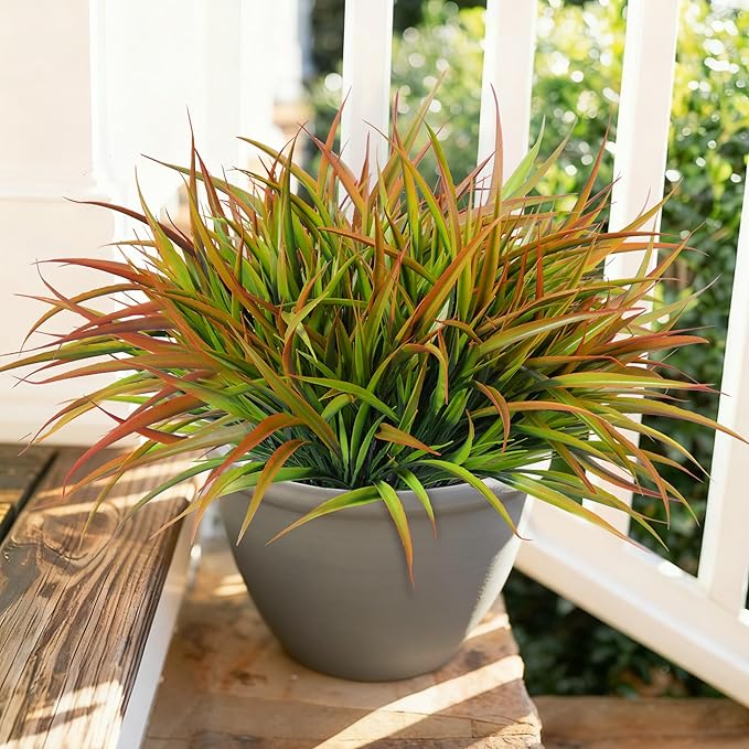 Ivydale 12Pcs Artificial Plants Outdoor Fake Plastic Grass Spring Decor UV Resistant Faux Greenery Stems Bushes Outside Fake Plants for Planters Patio Porch Window Box Pathway Garden Home Decor Yellow