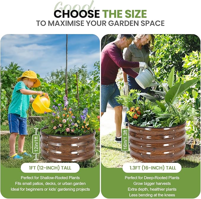 G GOOD GAIN Round Raised Garden Bed - 3Pcs 2x2x1ft Galvanized Steel Planter Boxes Outdoor with Rubber Edge Trim | Metal Raised Beds for Gardening Vegetables Flowers Fruits Herbs (Wood Grain)
