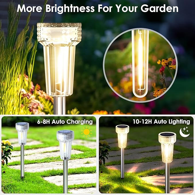 Mancra Solar Lights Outdoor Waterproof, 8 Pack Stainless Steel Tungsten Bulb Solar Pathway Lights Waterproof Garden Decor for Path Yard Lawn Walkway Driveway