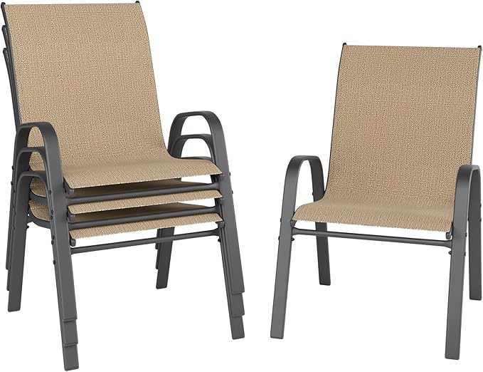 Patio Chairs Set of 4, Outdoor Dining Chairs Stackable for All Weather, Breathable Metal Modern Outside Furniture Chair for Pool Side, Garden, Backyard Deck, Brown
