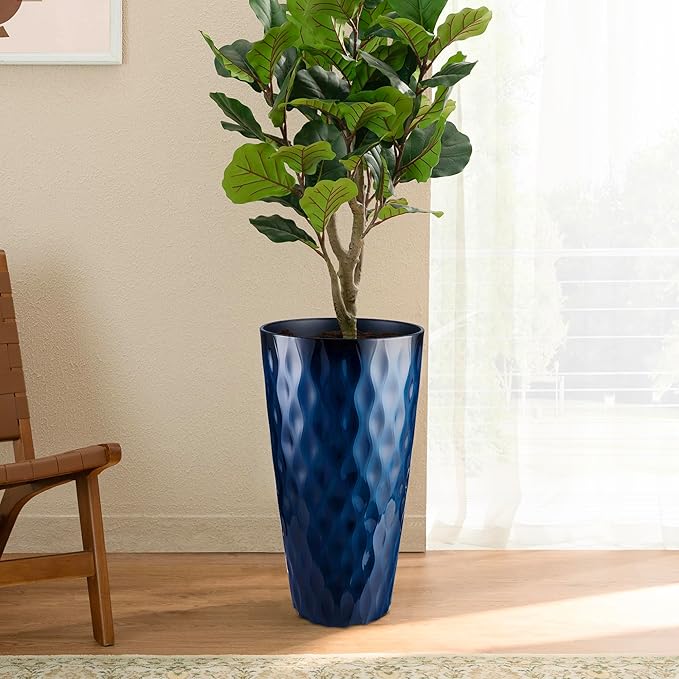 Glitzhome 23.75" H Tall Outdoor Planter, Set of 2 Wavy Texture Cobalt Blue Large Outdoor Planters, with Drainage Hole, Plastic Large Round Decorative Flower Plant Pot for Front Porch, Indoor