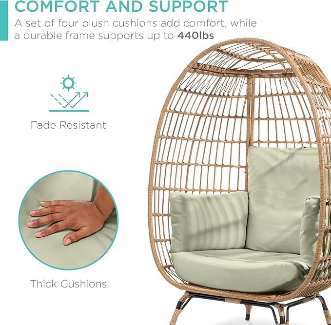 Best Choice Products Wicker Egg Chair, Oversized Indoor Outdoor Lounger for Patio, Backyard, Living Room w/ 4 Cushions, Steel Frame, 440lb Capacity - Sage