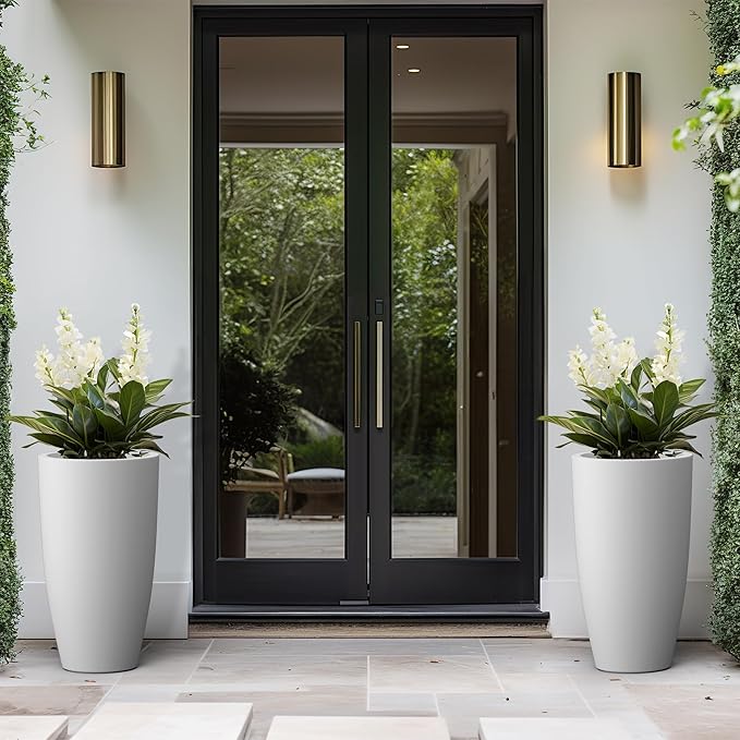 Kante 23.6" H Pure White Concrete Tall Planters (Set of 2), Large Outdoor Indoor Decorative Plant Pots with Drainage Hole and Rubber Plug, Modern Style for Home and Garden
