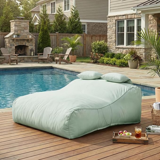 Merax Outdoor Bean Bag Chair Sun Lounger for 2 Adult, 73" Big Comfy Outdoor Bean Bag Daybed Couch with Headrest, Water-Resistant Fabric Patio Chaise Lounger Chair for Pool Balcony Beach Deck, Mint